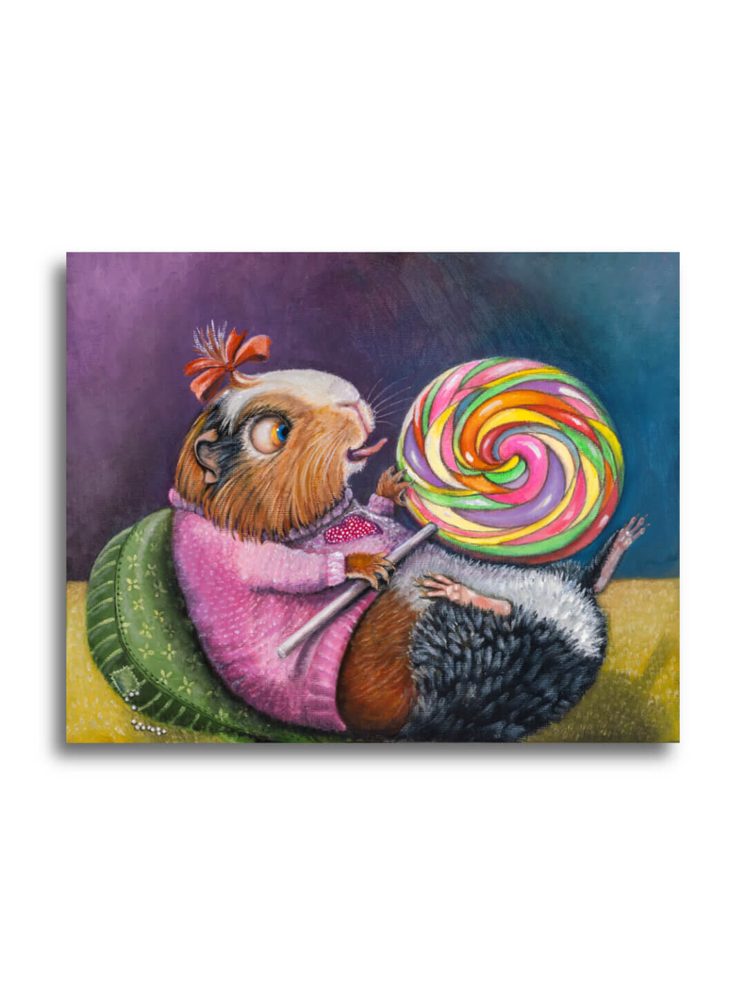 Lolly vs. Lulu! - Part of the 'Soup2Nuts' Collection by Ann Richmond - A painting of a cute Guinea Pig who's tackling a GIANT lollipop... Framing Available.