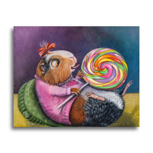 Lolly vs. Lulu! - Part of the 'Soup2Nuts' Collection by Ann Richmond - A painting of a cute Guinea Pig who's tackling a GIANT lollipop... Framing Available.