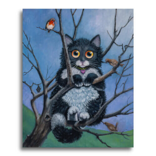 The Owl is a Pussycat... Part of the 'Soup2Nuts' Collection by Ann Richmond - A painting of a cute B&W cat who's stuck up a tree... Framing Available.
