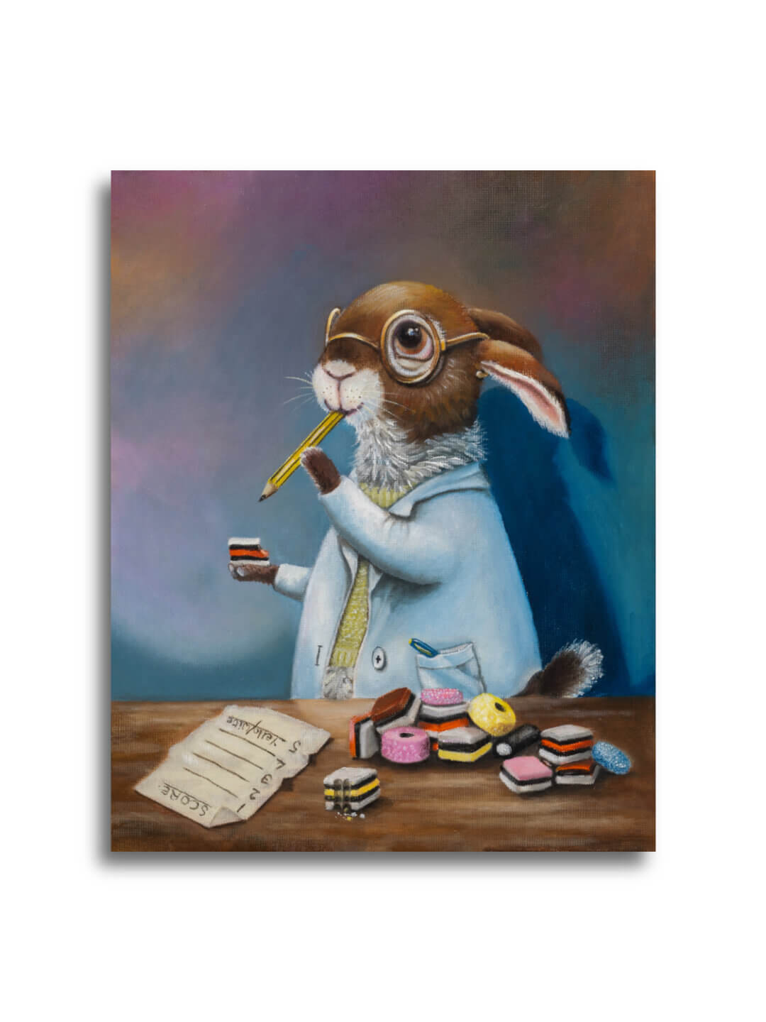 It takes all-sorts... Part of the 'Soup2Nuts' Collection by Ann Richmond - A painting of a rabbit scientist, who's grading the licorice allsorts... Framing Available.