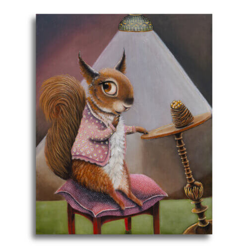 'Oops!', said Daisy... Part of the 'Soup2Nuts' Collection by Ann Richmond - A painting of a devious squirrel, who's snaffling a Walnut Whip chocolate... Framing Available.