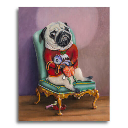 Flopsy forever... Part of the 'Soup2Nuts' Collection by Ann Richmond - A Painting of a reluctant Pug who's having his Xmas photo taken... Framing Available.