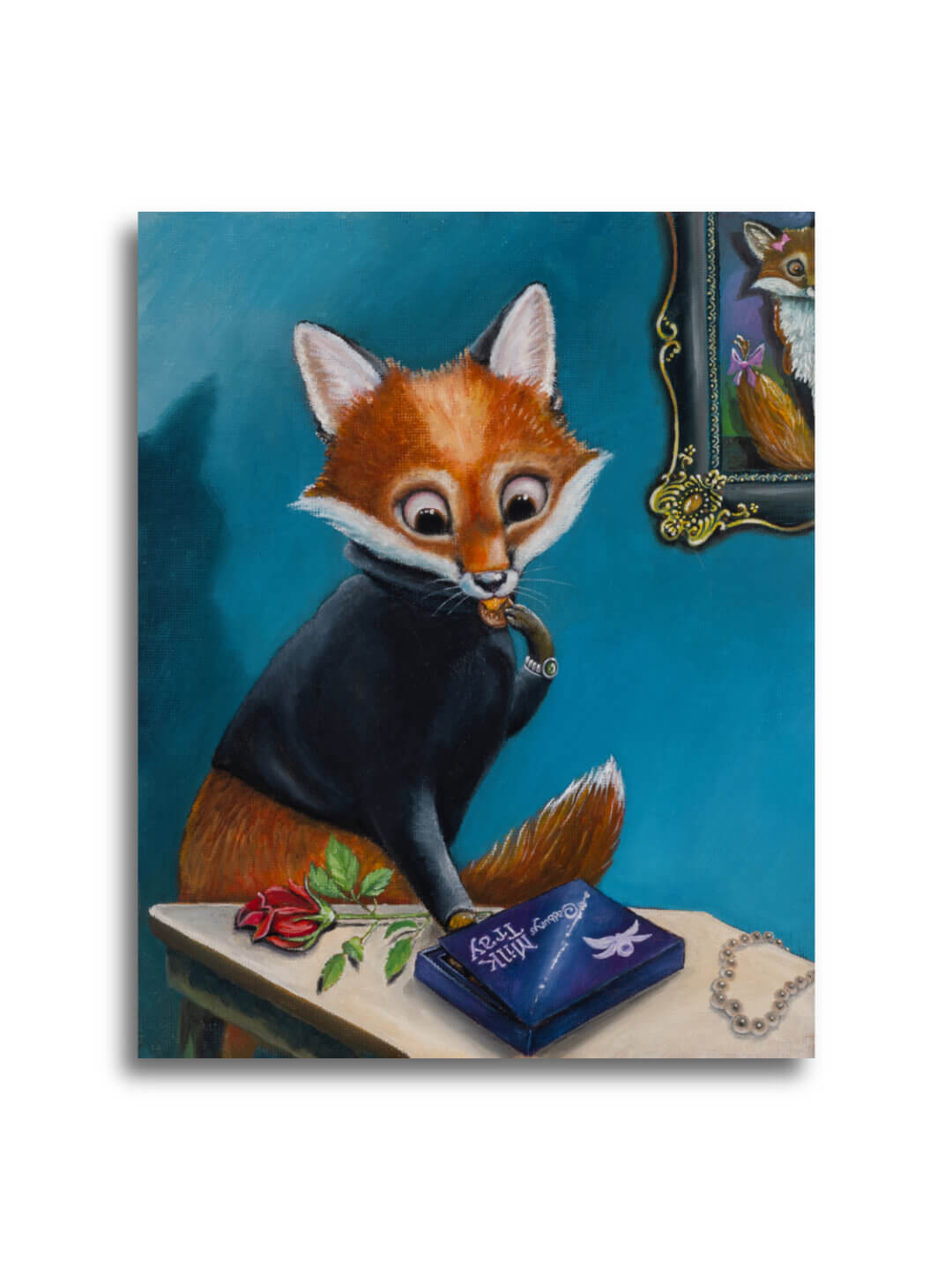 And All Because... Part of the 'Soup2Nuts' Collection by Ann Richmond - A Painting of a Ninja Fox who's just delivered a box of chocolates... Framing Available.