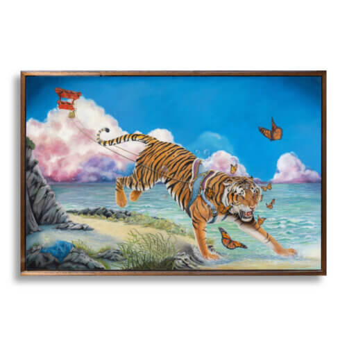 A Great Leap Forward by Ann Richmond - A Painting of an armoured Tiger pulling a Box Kite. C/W Letter of Provenance & Story. Framed.