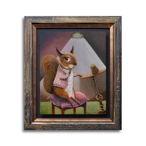 'Oops!', said Daisy... Part of the 'Soup2Nuts' Collection by Ann Richmond - A painting of a devious squirrel, who's snaffling a Walnut Whip chocolate... In my Signature Frame: float-mounted, with a tarnished-brass fillet & antique'd gold moulding.