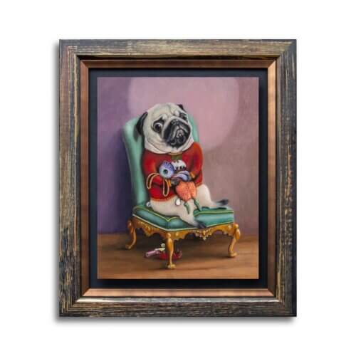 Flopsy forever... Part of the 'Soup2Nuts' Collection by Ann Richmond - A Painting of a reluctant Pug who's having his Xmas photo taken... In my Signature Frame: float-mounted, with a tarnished-brass fillet & antique'd gold moulding.