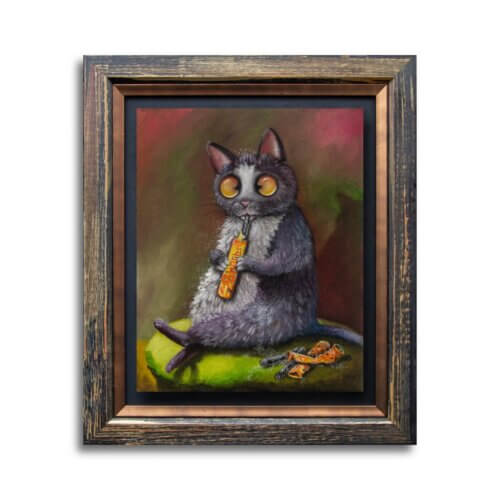 Sparky Hated the Licorice - Part of the 'Soup2Nuts' Collection by Ann Richmond - A painting of a crazed B&W cat who cares only for the sherbet... In my Signature Frame: float-mounted, with a tarnished-brass fillet & antique'd gold moulding.
