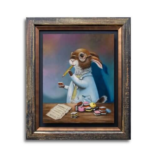 It takes all-sorts... Part of the 'Soup2Nuts' Collection by Ann Richmond - A painting of a rabbit scientist, who's grading the licorice allsorts... In my Signature Frame: float-mounted, with a tarnished-brass fillet & antique'd gold moulding.