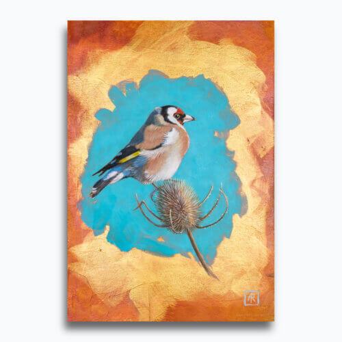 Goldfinch by Ann Richmond - A beautiful artwork of a perching Goldfinch. Painted in the artist's unique style over gold leaf... Framing available.