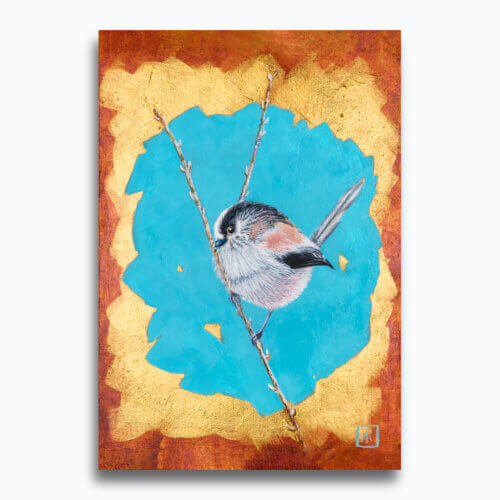 Long-tailed Tit by Ann Richmond - A beautiful artwork of a perching Long-tailed Tit. Painted in the artist's unique style over gold leaf... Framing available.
