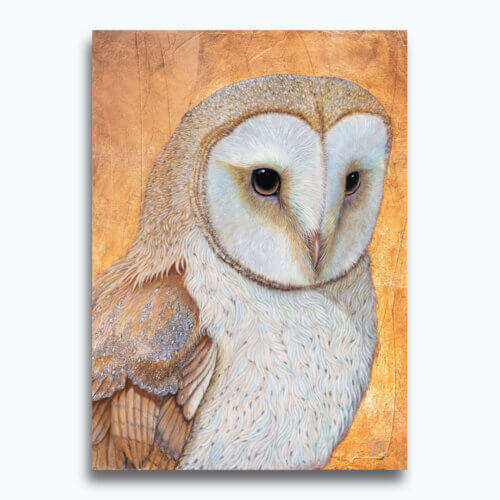 Barn Owl by Ann Richmond - A beautiful artwork featuring a resting Barn Owl. Painted in the artist's unique style over copper leaf... Framing available.