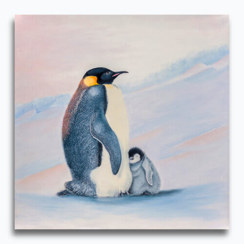 Love in a Cold Climate by Ann Richmond - A soulful artwork of a family of Emperor Penguins. Painted in the artist's unique style... Framing available.