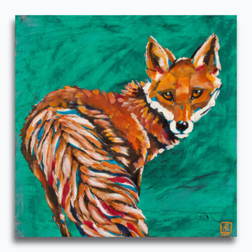 Green Fox by Ann Richmond - A stylised artwork of a turning Red Fox. Painted in the artist's unique style... Framing available.