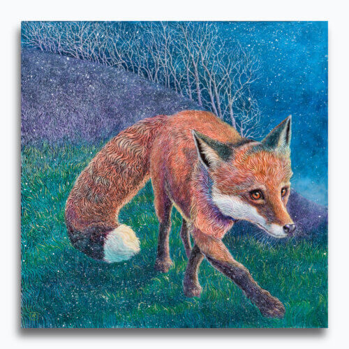 Pathfinder by Ann Richmond - A stylised artwork of a stalking Red Fox. Painted in the artist's unique style... Framing available.