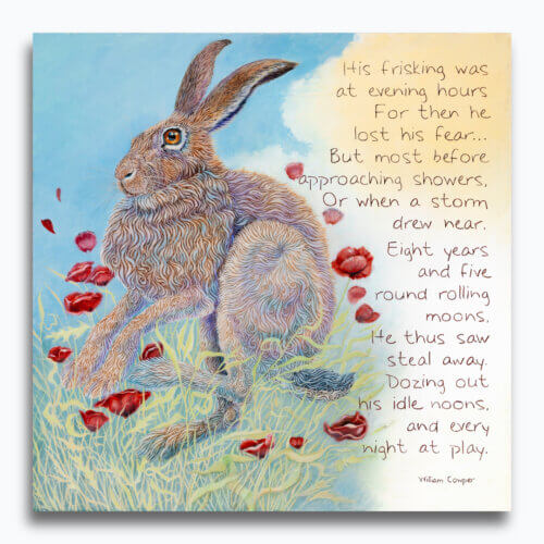 His Frisking... by Ann Richmond - A delicate artwork of a wild Hare c/w an extract of a poem by William Cowper. Painted in the artist's unique style... Framing available.