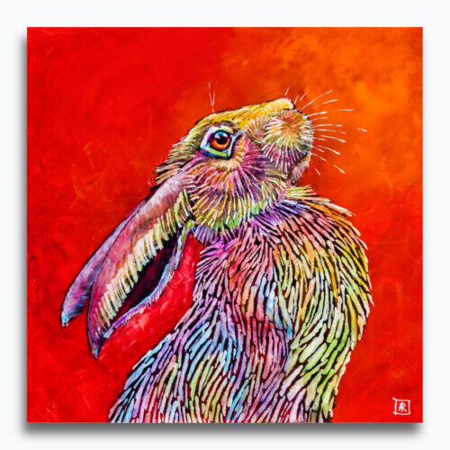 Rainbow Hare #3, painted by renowned UK wildlife artist Ann Richmond, is a soulful and striking piece of wildlife art featuring an alert and watchful hare, vividly painted in a myriad of bold, sweeping strokes set against a dry-brushed orange backdrop. Part of the Hares Collection, this artwork invites viewers to embark on a soulful exploration of the enchanting realms of hares, foxes, badgers, and more, all beautifully portrayed in Ann's distinctive style. Discover both the original work and fine-art prints of this exquisite piece at Otherwurlde.com.