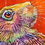 Rainbow Hare #3, painted by renowned UK wildlife artist Ann Richmond, is a soulful and striking piece of wildlife art featuring an alert and watchful hare, vividly painted in a myriad of bold, sweeping strokes set against a dry-brushed orange backdrop. Part of the Hares Collection, this artwork invites viewers to embark on a soulful exploration of the enchanting realms of hares, foxes, badgers, and more, all beautifully portrayed in Ann's distinctive style. Discover both the original work and fine-art prints of this exquisite piece at Otherwurlde.com.