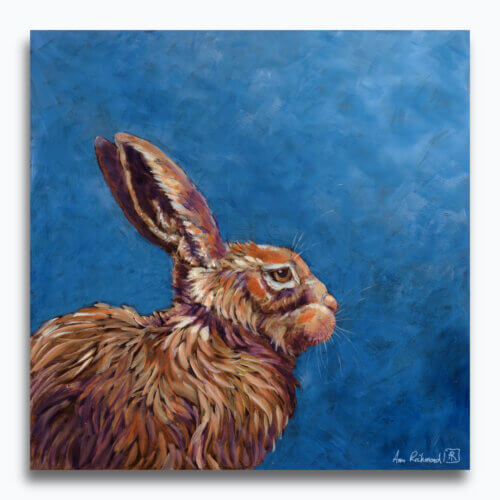 Storm Brewing by Ann Richmond - A moody artwork of a resting Hare against a stormy blue backdrop. Painted in the artist's unique style... Framing available.