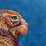 Storm Brewing by Ann Richmond - A moody artwork of a resting Hare against a stormy blue backdrop. Painted in the artist's unique style... Framing available.