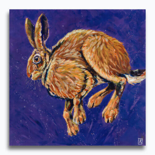 Up in the Hare by Ann Richmond - A spirited painting of a leaping Hare. Painted in the artist's unique style... Framing available.