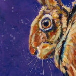 Up In the Hare, painted by renowned UK wildlife artist Ann Richmond, is a vibrant and uplifting piece of wildlife art featuring a leaping hare elegantly poised against a rich, paint-spattered purple backdrop. Part of the Hares Collection, this artwork invites viewers to embark on a joyful exploration of the enchanting realms of hares, foxes, badgers, and more, all expertly portrayed in Ann's distinctive style. Discover both the original work and fine-art prints of this exquisite piece at Otherwurlde.com.