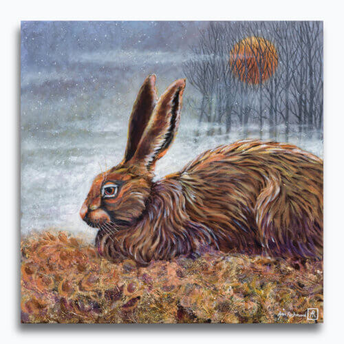 Rising Mist by Ann Richmond - A soulful painting of a storm-sheltering Hare. Painted in the artist's unique style... Framing available.