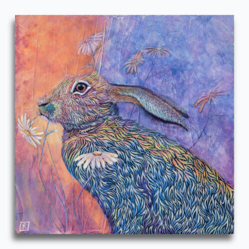 Moon Daisy by Ann Richmond - A soulful painting of a daisy-munching Hare. Painted in the artist's unique style... Framing available.