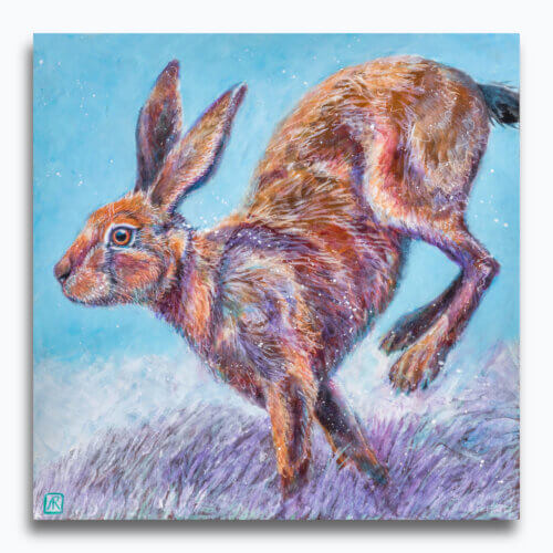 Touchdown! by Ann Richmond - A soulful painting of a leaping Hare. Painted in the artist's unique style... Framing available.