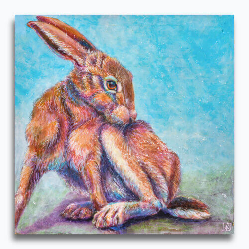 Washing the Hare, painted by renowned UK wildlife artist Ann Richmond, is an evocative and soulful piece of wildlife art featuring a self-grooming hare set against a serene blue background. Part of the Hares Collection, this artwork invites viewers to embark on a heartfelt exploration of the enchanting realms of hares, foxes, badgers, and more, all expertly portrayed in Ann's distinctive style. Discover both the original work and fine-art prints of this exquisite piece at Otherwurlde.com.