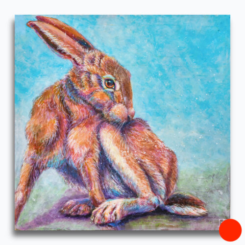 Washing the Hare by Ann Richmond - A soulful painting of a grooming Hare. Painted in the artist's unique style... Framing available.