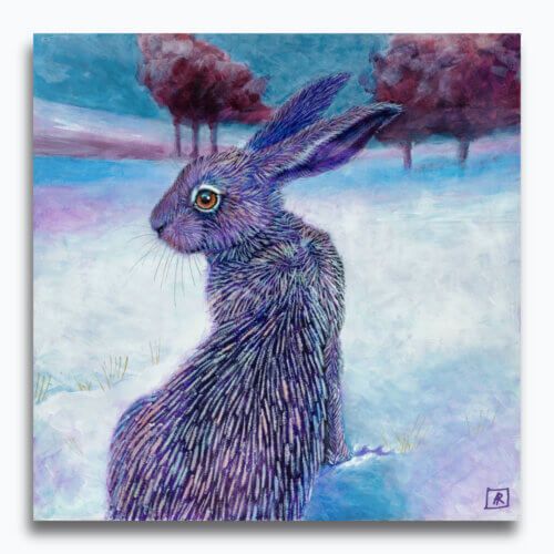 Into the Valley - Part Two by Ann Richmond - A soulful diptych of a pair of Hares in a wintry valley. Painted in the artist's unique style... Framing available.