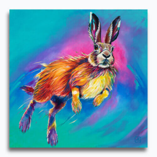 Neon Hare #1 by Ann Richmond - A stylised Painting of a leaping Hare. Painted in the artist's unique style... Framing available.