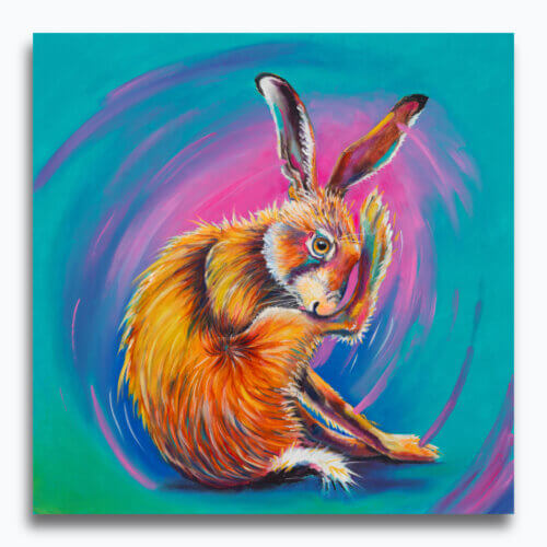Neon Hare #3 by Ann Richmond - A stylised Painting of a grooming Hare. Painted in the artist's unique style... Framing available.