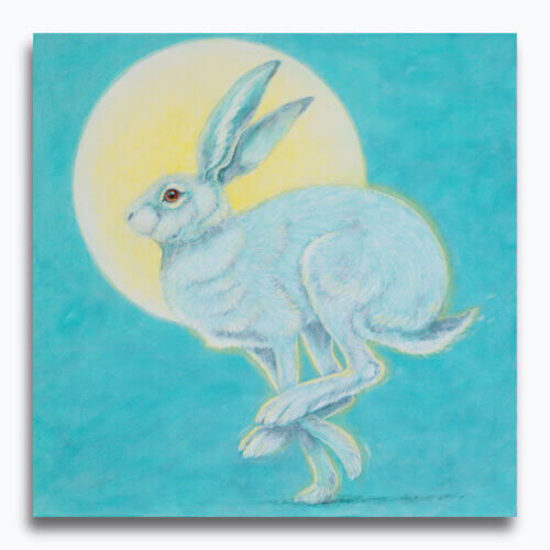 Moonshine by Ann Richmond - A soulful artwork of a sprinting moonlit hare. Painted in the artist's unique style... Framing available.