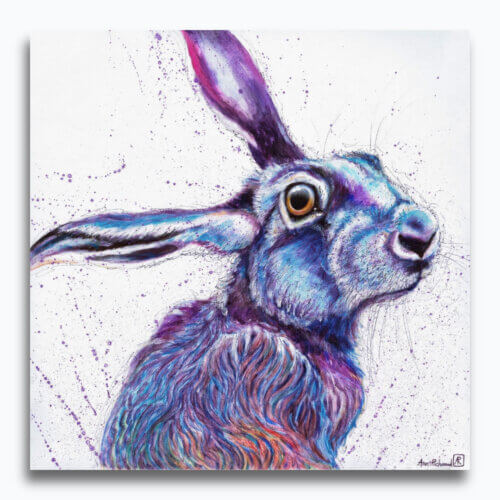 Purple Hare #2, painted by renowned UK wildlife artist Ann Richmond, is a soulful and captivating piece of wildlife art featuring a purple-tinged hare, vividly spattered with additional paint to imbue it with character and a sense of animation. Part of the Hares Collection, this artwork invites viewers into a soulful exploration of the enchanting world of hares, foxes, badgers, and more, all beautifully portrayed in Ann's distinctive style. Discover both the original work and fine-art prints of this exquisite piece at Otherwurlde.com.