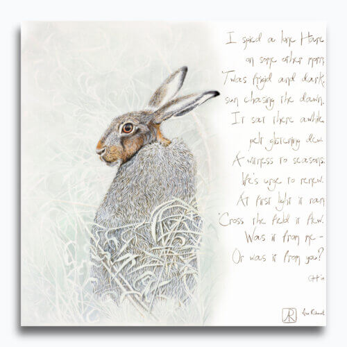 I Spied a Hare..., painted by renowned UK wildlife artist Ann Richmond, is a gentle and meaningful piece of wildlife art featuring a beautiful hare, accompanied by a poem highlighting its spiritual significance. Part of the Hares Collection, this artwork invites viewers to embark on a heartfelt exploration of the enchanting world of hares, foxes, badgers, and more, all beautifully portrayed in Ann's distinctive style. Discover both the original work and fine-art prints of this exquisite piece at Otherwurlde.com.