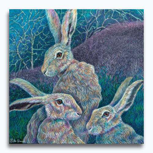 Green Valley Trio, painted by renowned UK wildlife artist Ann Richmond, is a striking and evocative piece of wildlife art featuring a trio of hares playfully posed against a gentle hill adorned with vibrant purple heather. Part of the Hares Collection, this artwork invites viewers to embark on a heartfelt journey through the enchanting world of hares, foxes, badgers, and more, all beautifully portrayed in Ann's distinctive style. Discover both the original work and fine-art prints of this exquisite piece at Otherwurlde.com.