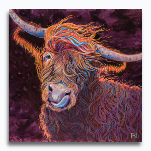 Highland Fling by Ann Richmond - A beautiful artwork featuring a colourful Highland Cow. Painted in the artist's unique style... Framing available.