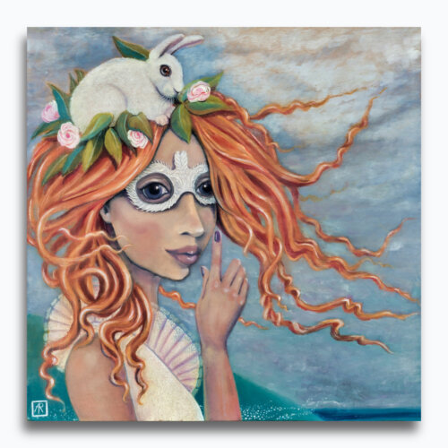 The Whisperer by Ann Richmond - A charming artwork of a secretive Dryad and her nosey white rabbit. Painted in the artist's unique style... Framing available.