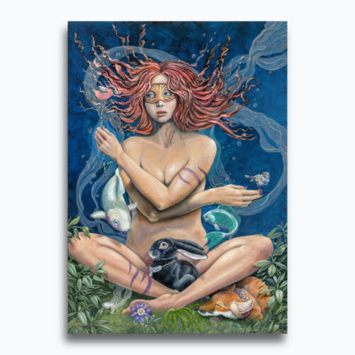 Playing With the Elements by Ann Richmond - A beautiful artwork featuring a Dryad, surrounded by numerous creatures. Painted in the artist's unique style... Framing available.