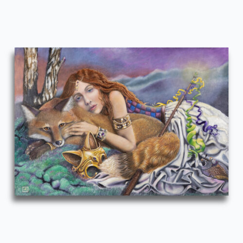 Special Delivery by Ann Richmond - An enigmatic artwork featuring a Dryad and her Red Fox companion. Painted in the artist's unique style... Framing available.