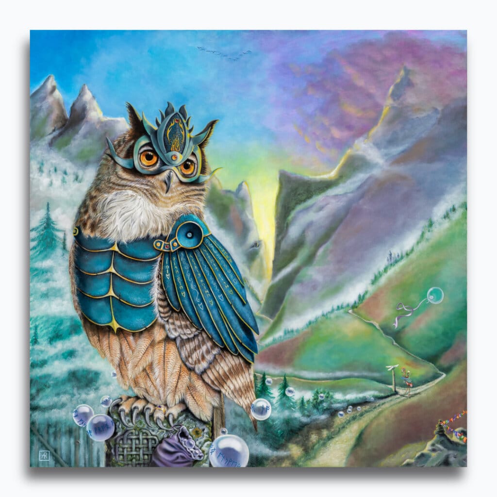 Pearls of Wisdom, painted by renowned UK fantasy artist Ann Richmond, is a mysterious and captivating piece of fantasy art featuring a vigilant eagle owl standing watch over a tranquil valley. Part of the Otherwurlde Collection—and created in collaboration with writer Gary Hyland—the piece transports viewers into a magical realm where armoured animals and evocative narratives come to life. Offered as affordable art with story, collectors can choose between the original artwork and an exclusive range of fine-art prints. Discover the enchantment at Otherwurlde.com.