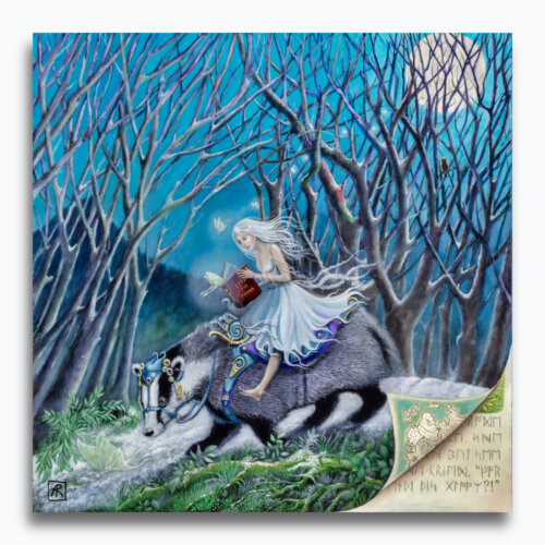 Lost in a Good Book by Ann Richmond - A beautiful, ethereal artwork featuring a Dryad riding a badger. Painted in the artist's unique style... Framing available.