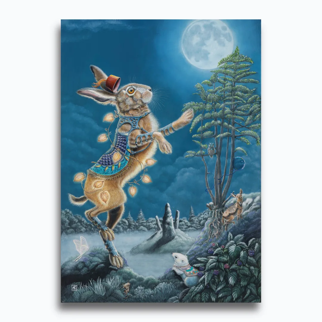Moon Dancer, painted by renowned UK fantasy artist Ann Richmond, is a beautiful and mystical piece of fantasy art featuring a graceful hare dancing beneath an ethereally glowing moon. Part of the Otherwurlde Collection—and created in collaboration with writer Gary Hyland—the piece transports viewers into a magical realm where armoured animals and evocative narratives come to life. Offered as affordable art with story, collectors can choose between the original artwork and an exclusive range of fine-art prints. Discover the enchantment at Otherwurlde.com.