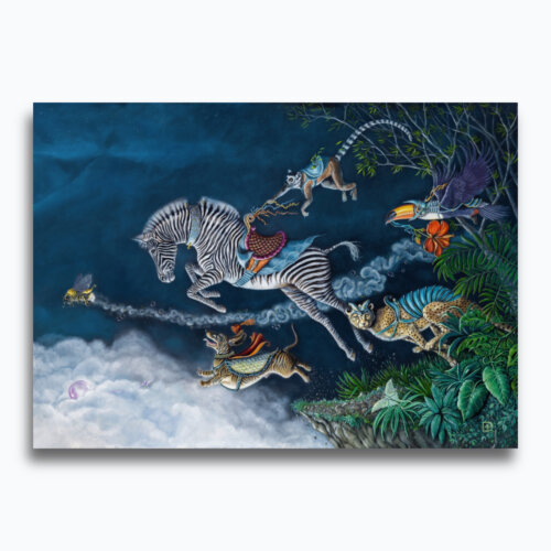 Leap of Faith by Ann Richmond - An enigmatic artwork featuring a group of armoured jungle animals leaping off a cliff. Painted in the artist's unique style... Framing available.