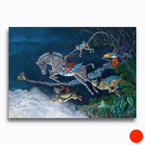 Leap of Faith by Ann Richmond - An enigmatic artwork featuring a group of armoured jungle animals leaping off a cliff. Painted in the artist's unique style... Framing available.