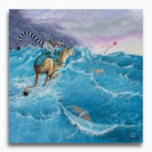 Windcheetah! by Ann Richmond - An enigmatic artwork featuring a sea-going Cheetah & Lemur. Painted in the artist's unique style... Framing available.