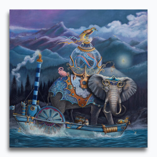 Infinite Dreams by Ann Richmond - An enigmatic artwork featuring a mystical, armoured Elephant & friends. Painted in the artist's unique style... Framing available.