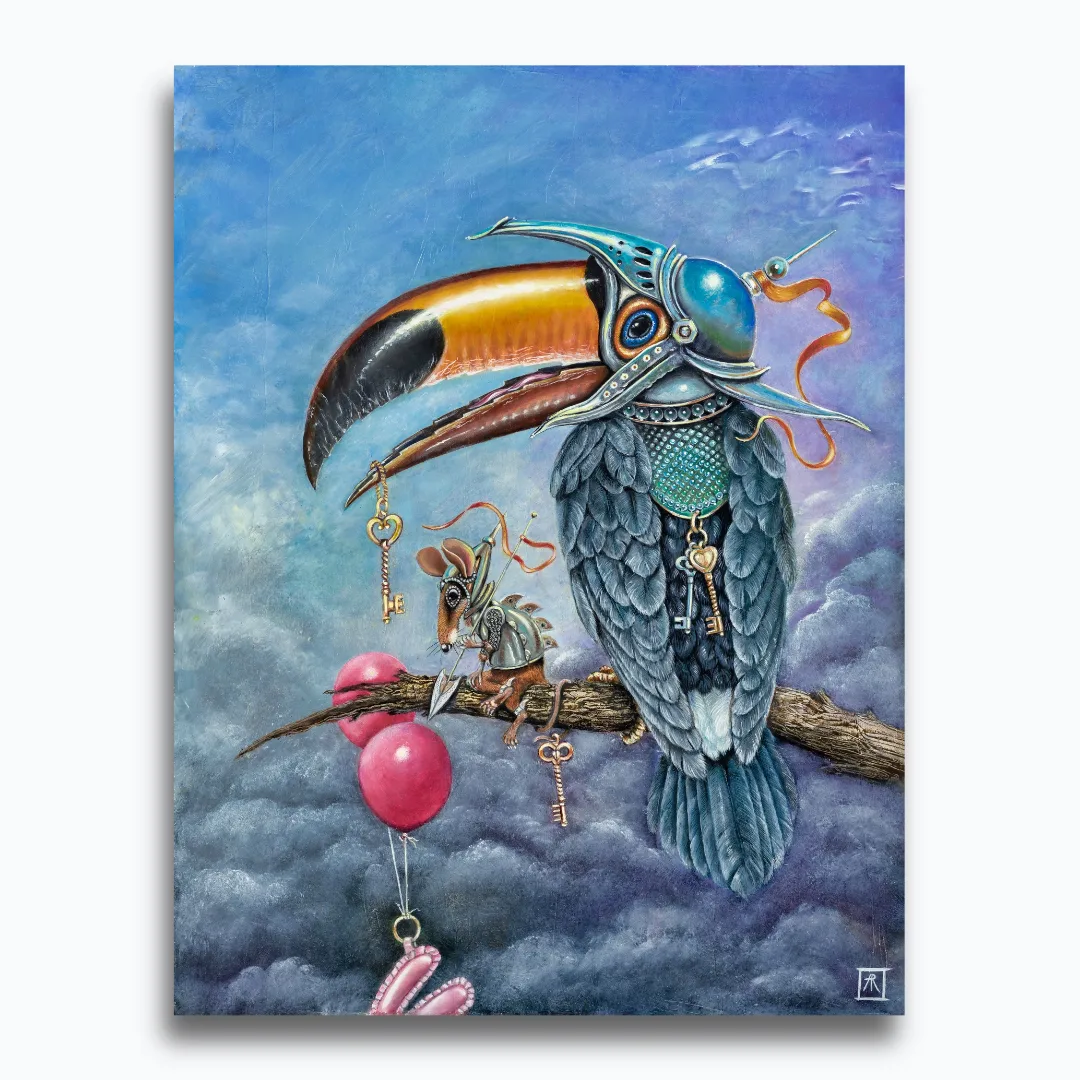 Keeper of the Keys, painted by renowned UK fantasy artist Ann Richmond, is a striking piece of fantasy art showcasing a proud Toucan and his Mouse companion. Part of the Otherwurlde Collection—and created in collaboration with writer Gary Hyland—the piece transports viewers into a magical realm where armoured animals and evocative narratives come to life. Offered as affordable art with story, collectors can choose between the original artwork and an exclusive range of fine-art prints. Discover the enchantment at Otherwurlde.com.