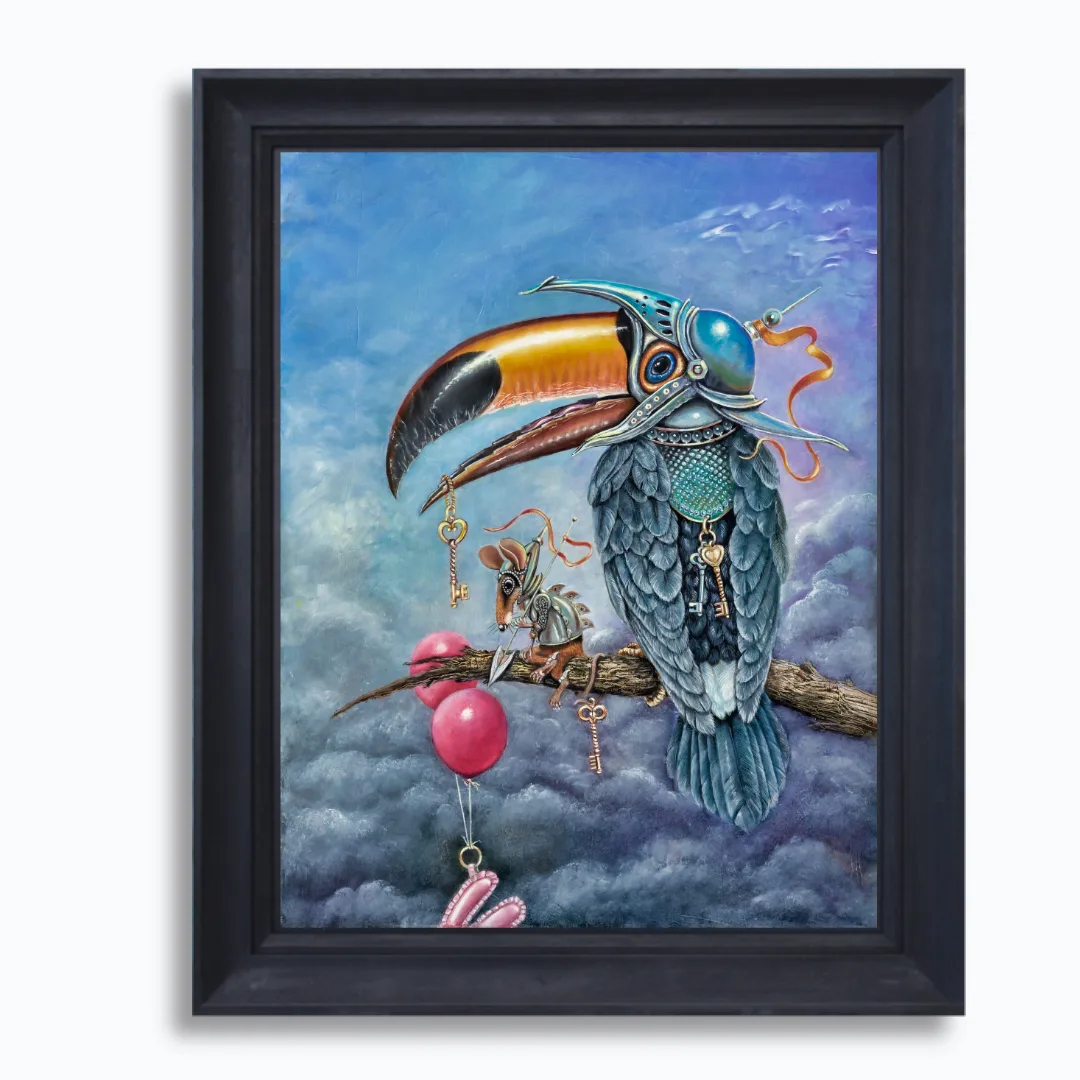 Keeper of the Keys, painted by renowned UK fantasy artist Ann Richmond, is a striking piece of fantasy art showcasing a proud Toucan and his Mouse companion. Part of the Otherwurlde Collection—and created in collaboration with writer Gary Hyland—the piece transports viewers into a magical realm where armoured animals and evocative narratives come to life. Offered as affordable art with story, collectors can choose between the original artwork and an exclusive range of fine-art prints. Discover the enchantment at Otherwurlde.com.